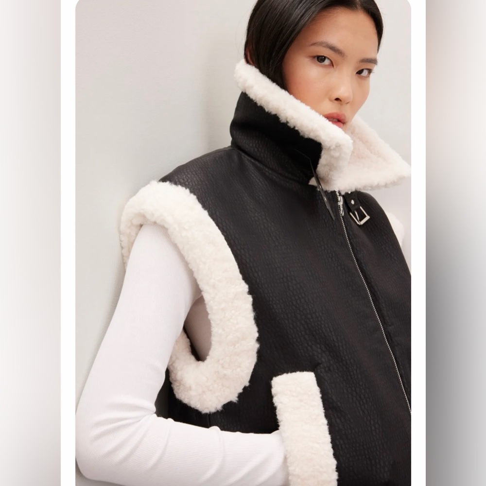Peter Som Black Faux-Leather Vest with Cream Shearling Trim